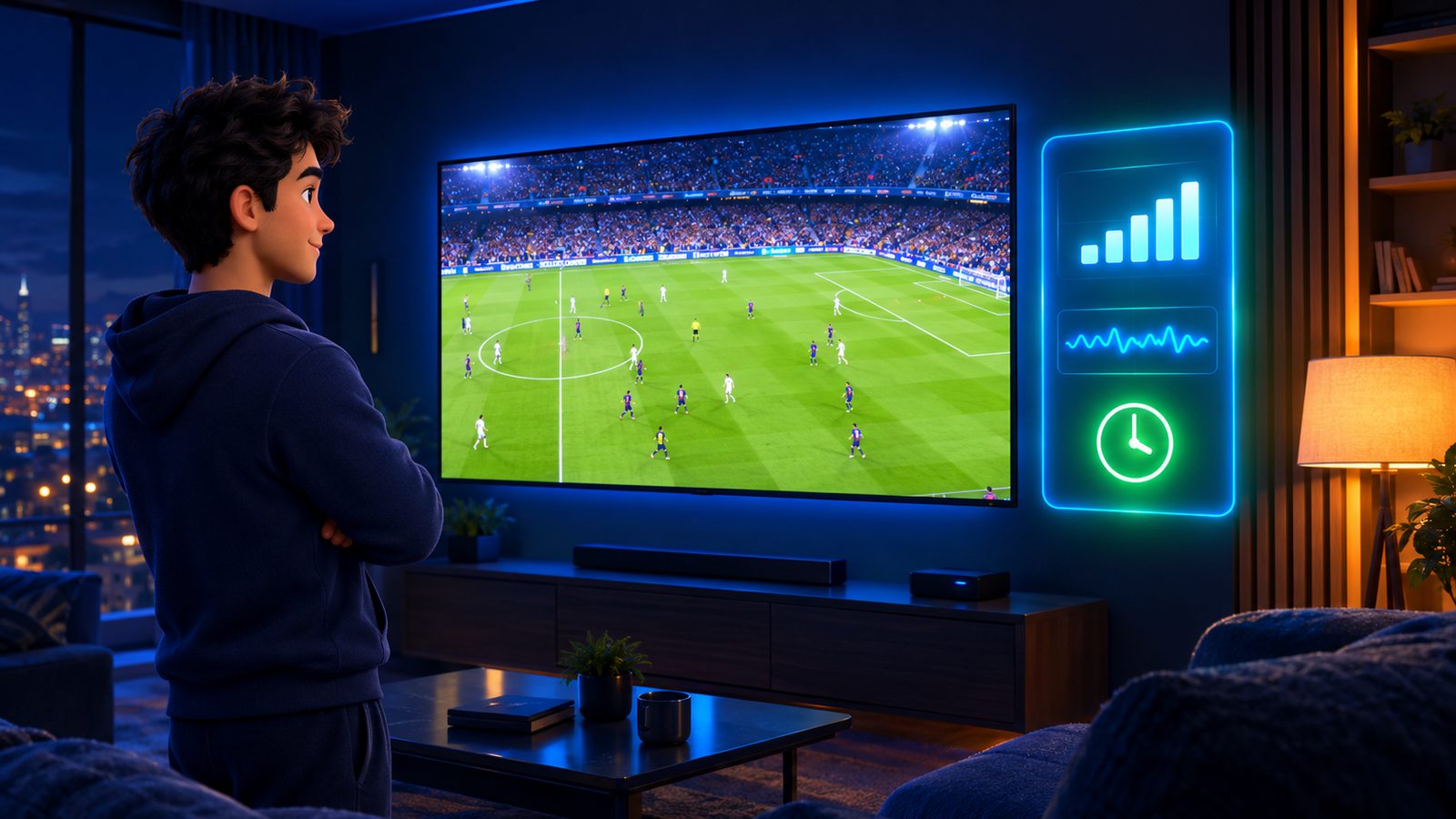 A television playing a live match smoothly at prime time after fixing IPTV buffering, with a signal-strength panel full