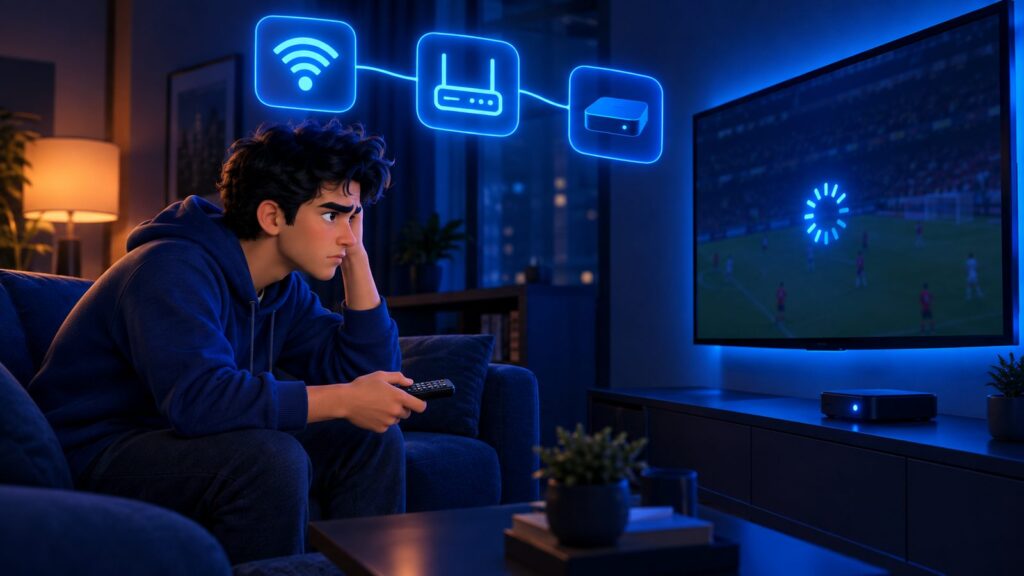 A TV stalling mid-stream with a buffering wheel on screen while the router blinks in the background