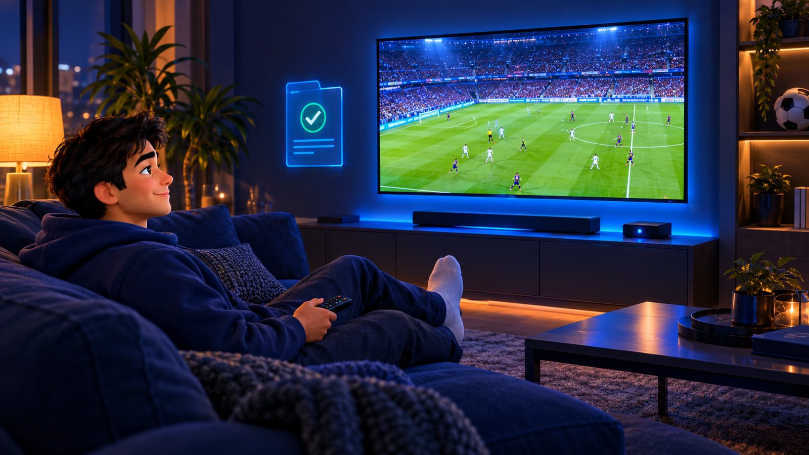 A relaxed evening watching live IPTV with no buffering, remote in hand, the match playing clean on a wall-mounted TV