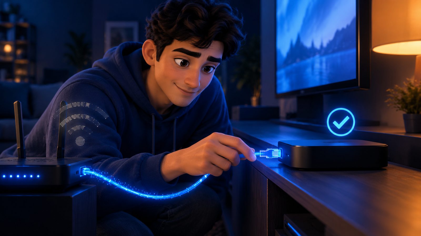 Plugging an Ethernet cable into a streaming box next to a router to stop IPTV buffering over Wi-Fi