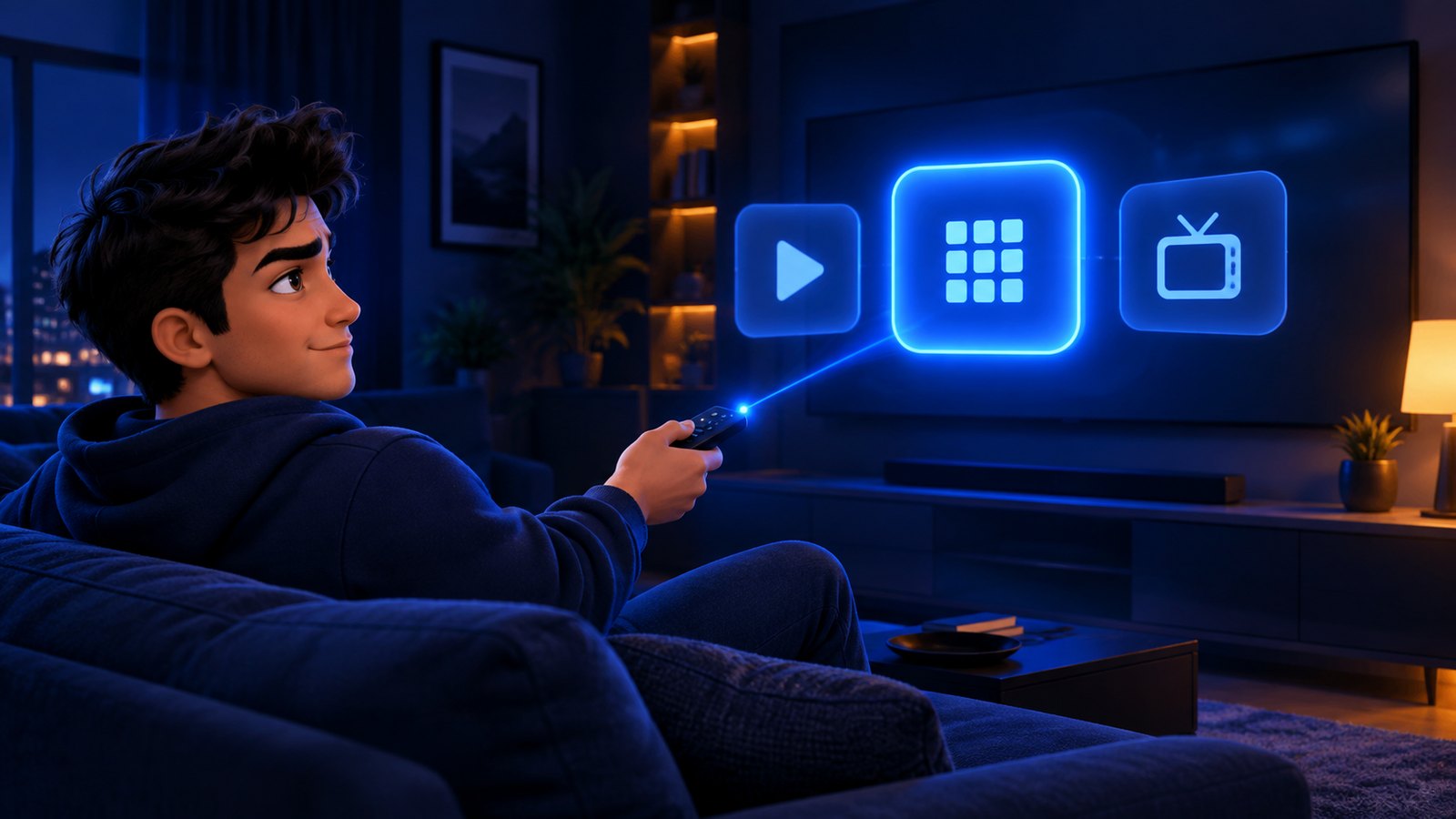 Choosing an IPTV player app on a Fire TV Stick home screen with floating app panels