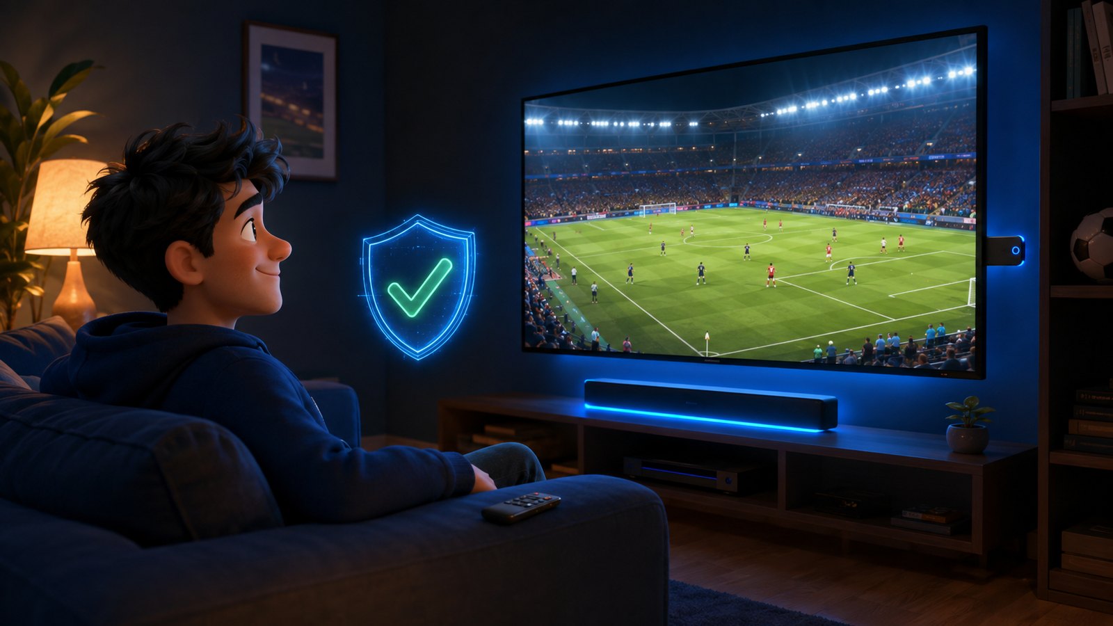 Relaxed viewer watching a sharp live football match on a TV powered by a Fire TV Stick