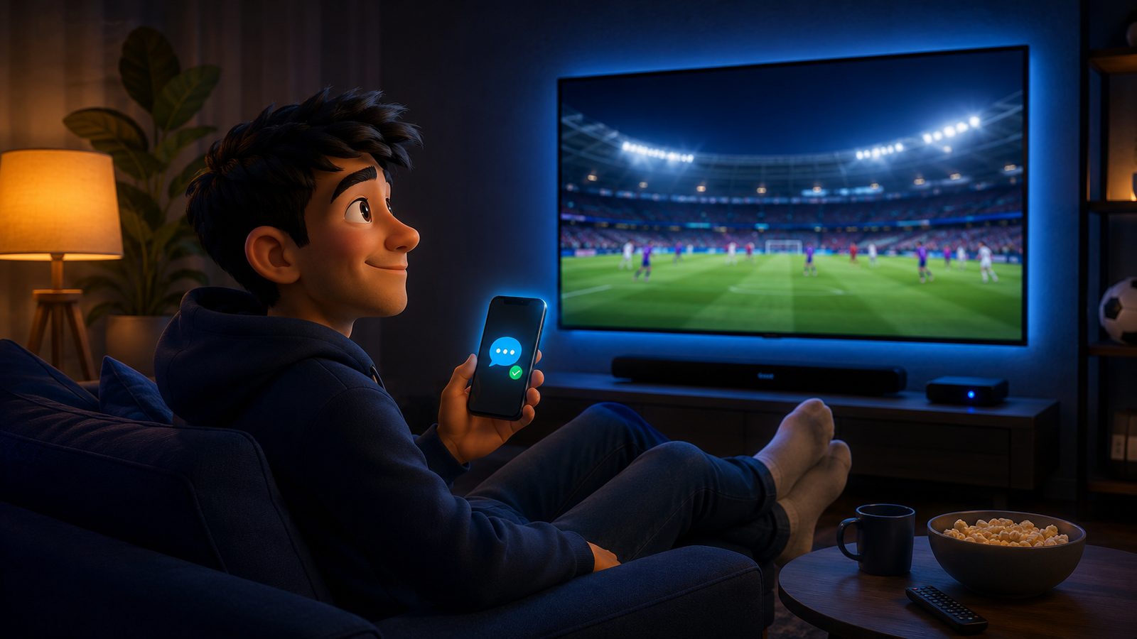 Someone relaxed on the sofa watching IPTV at home after choosing a provider, phone showing a fast support reply