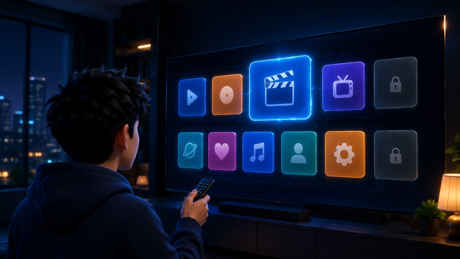 Choosing an IPTV player app on a Smart TV home screen with floating blue app panels