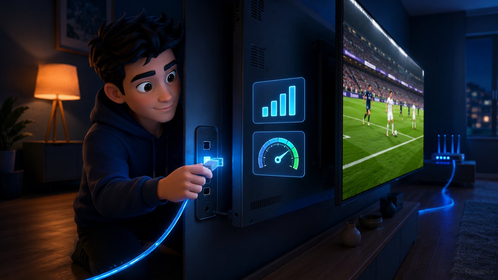 Smart TV connected with an Ethernet cable for stable IPTV streaming with signal panels floating nearby