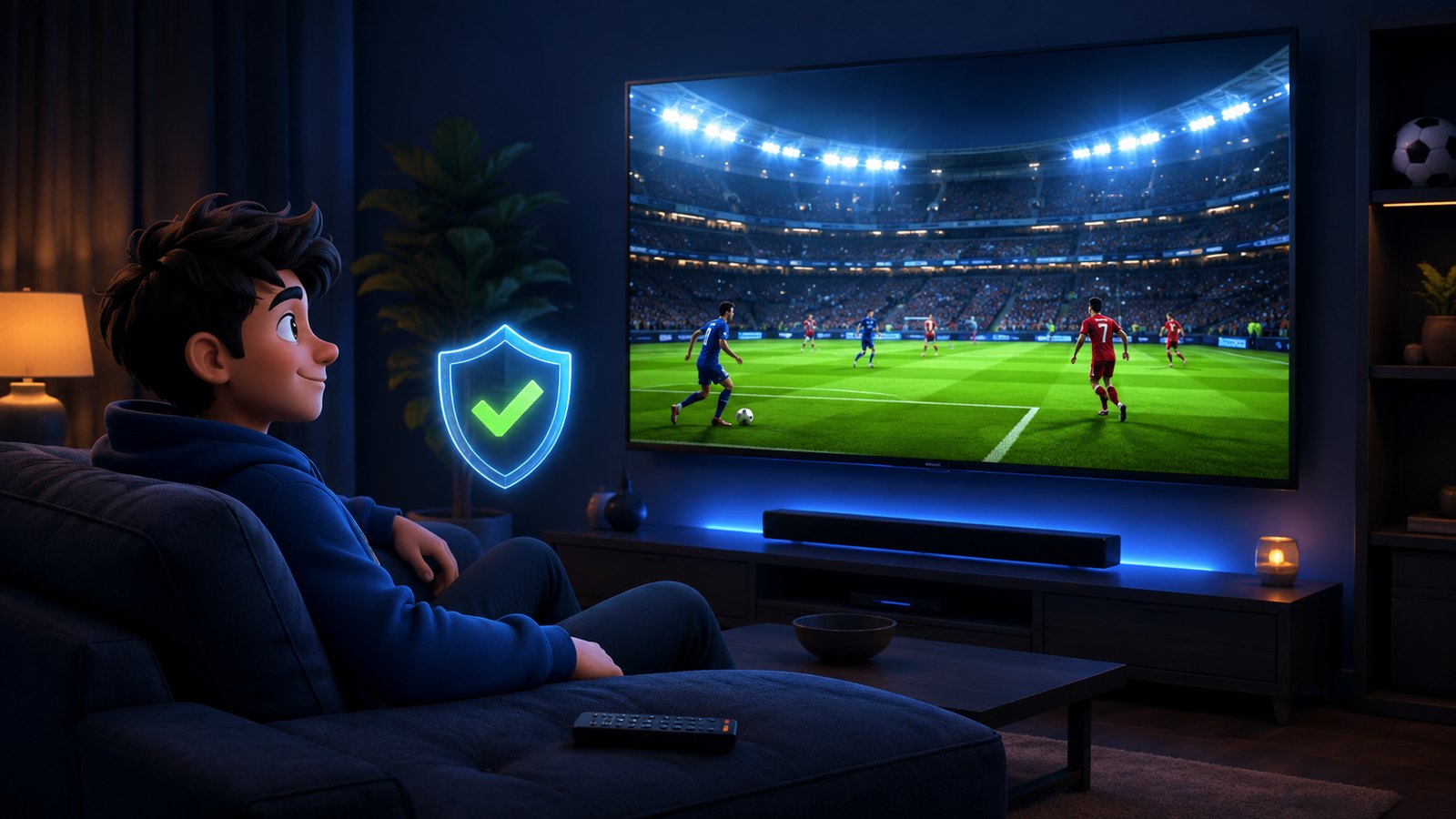 Relaxed viewer watching a sharp live football match on a large wall-mounted Smart TV